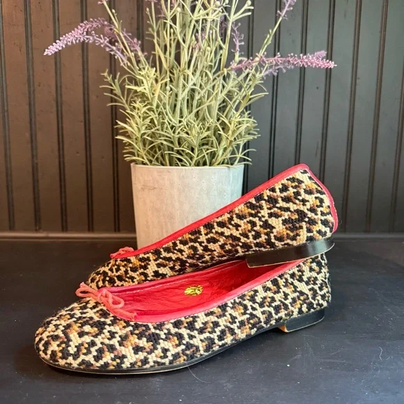 Soles by Paige Leopard Print Needlepoint Ballet Flats with Red Leather Trim 7.5 - Picture 1 of 6